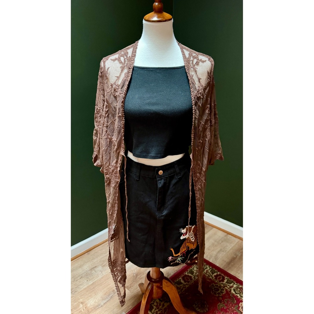 Francesca's Lace Duster Kimono Cardigan Brown Floral Tie Front Bohemian Festival